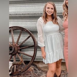 Bohen Smocked Mini Dress in Baby Blue.